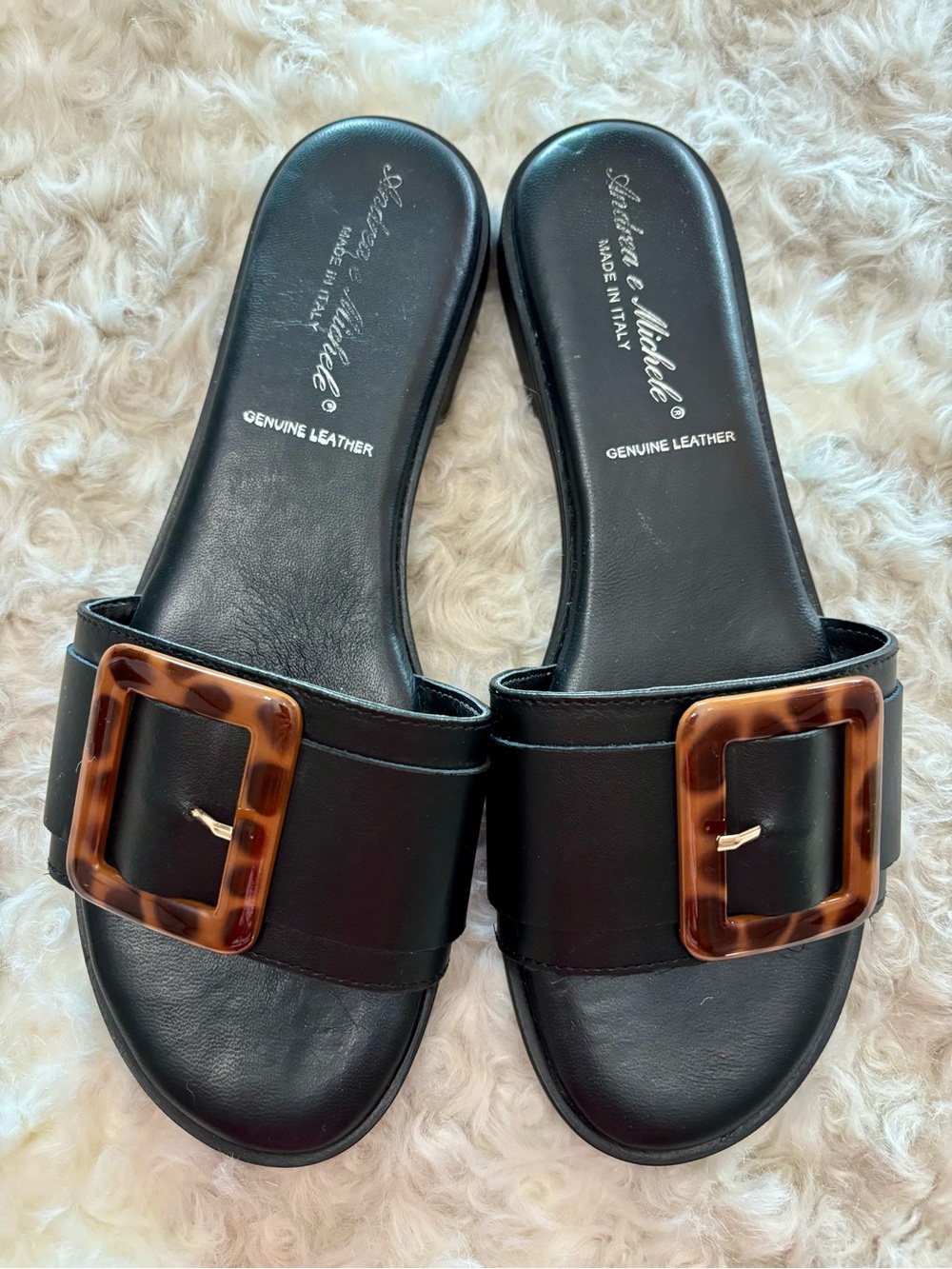 Andrea E Michele Black Leather Slide Sandals with Tortoise Buckle - Picture 2 of 3